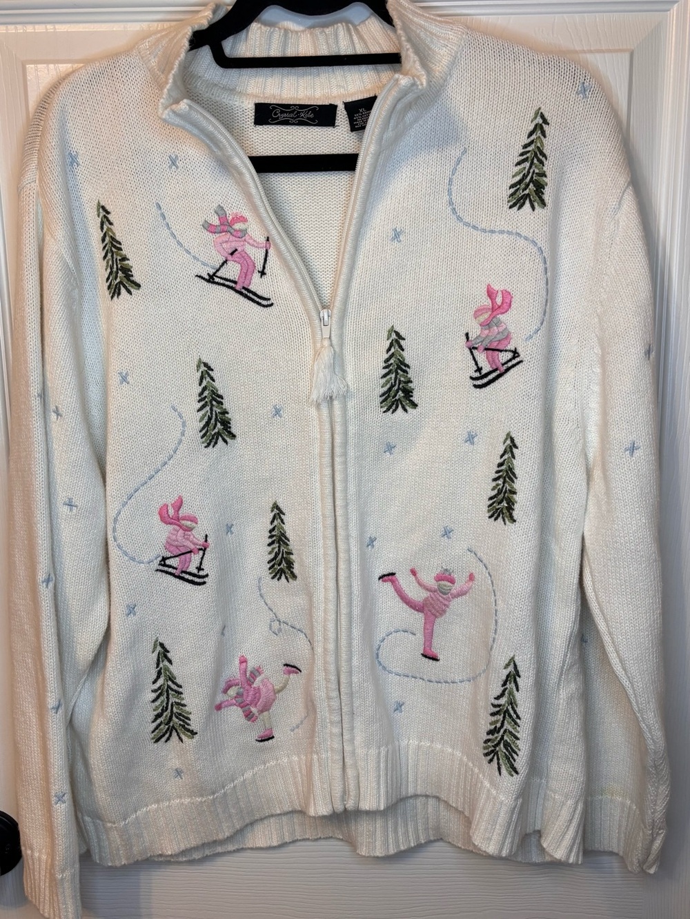Vintage Crystal-Kobe Embroidered Ski Sweater Cardigan XL 90s Alpine Winter Full - Picture 2 of 9